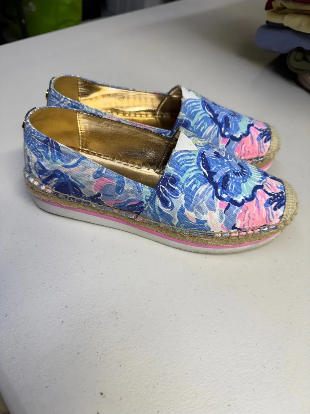 Lilly Pulitzer Blue Floral Canvas Espadrille Flats with Pink & Mint Accents
